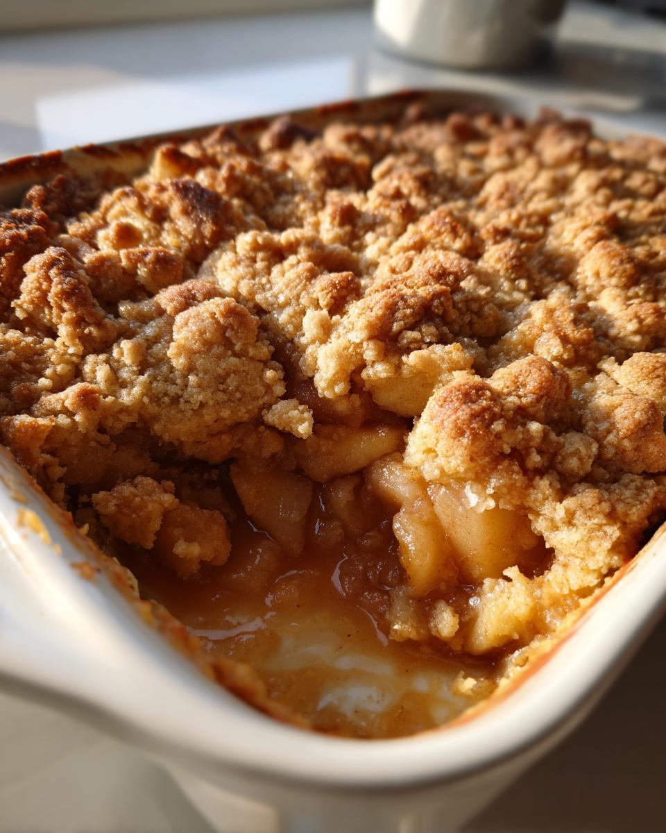 Freshly baked apple pie dump cake in a white baking dish, showcasing the apple filling and golden crumble topping.