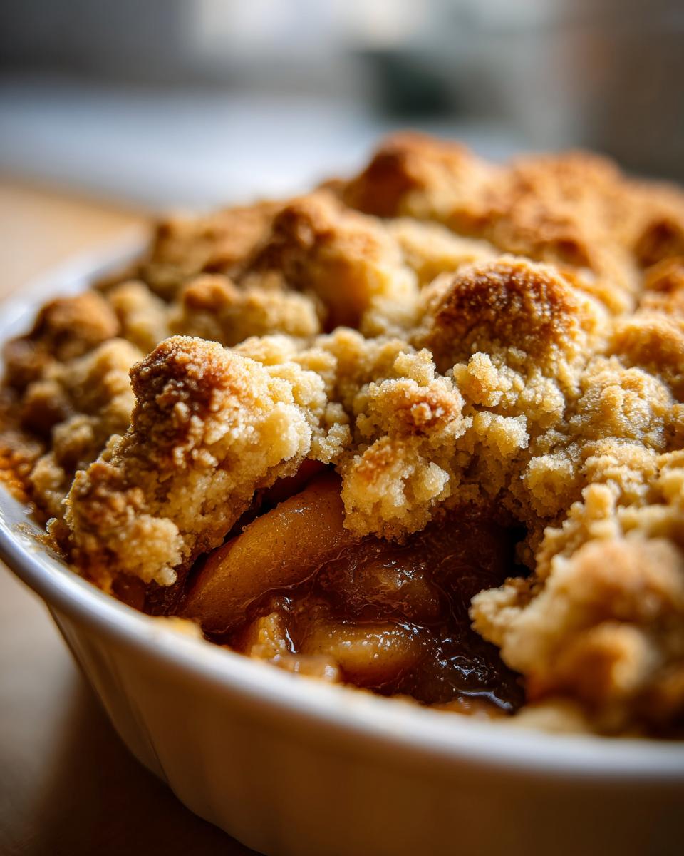 Close-up of a freshly baked apple pie dump cake with a golden crumble topping, ready to eat.