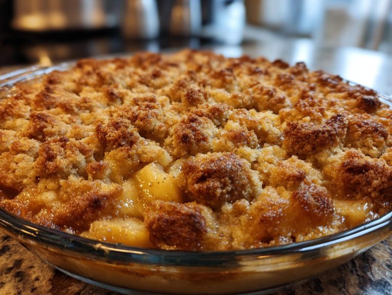 Close-up of a golden brown apple pie dump cake in a glass baking dish, showcasing its crumbly topping.