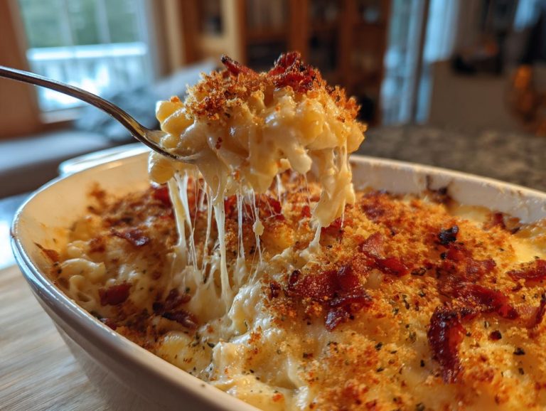 A spoonful of creamy Bacon Mac and Cheese being lifted, showing a delicious cheese pull.