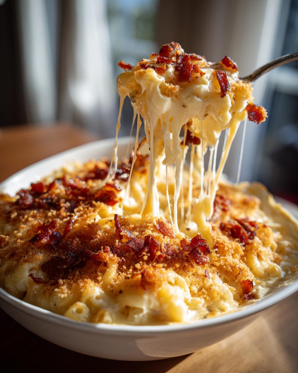 A spoonful of creamy Bacon Mac and Cheese being lifted, showing cheese pull and crispy bacon topping.