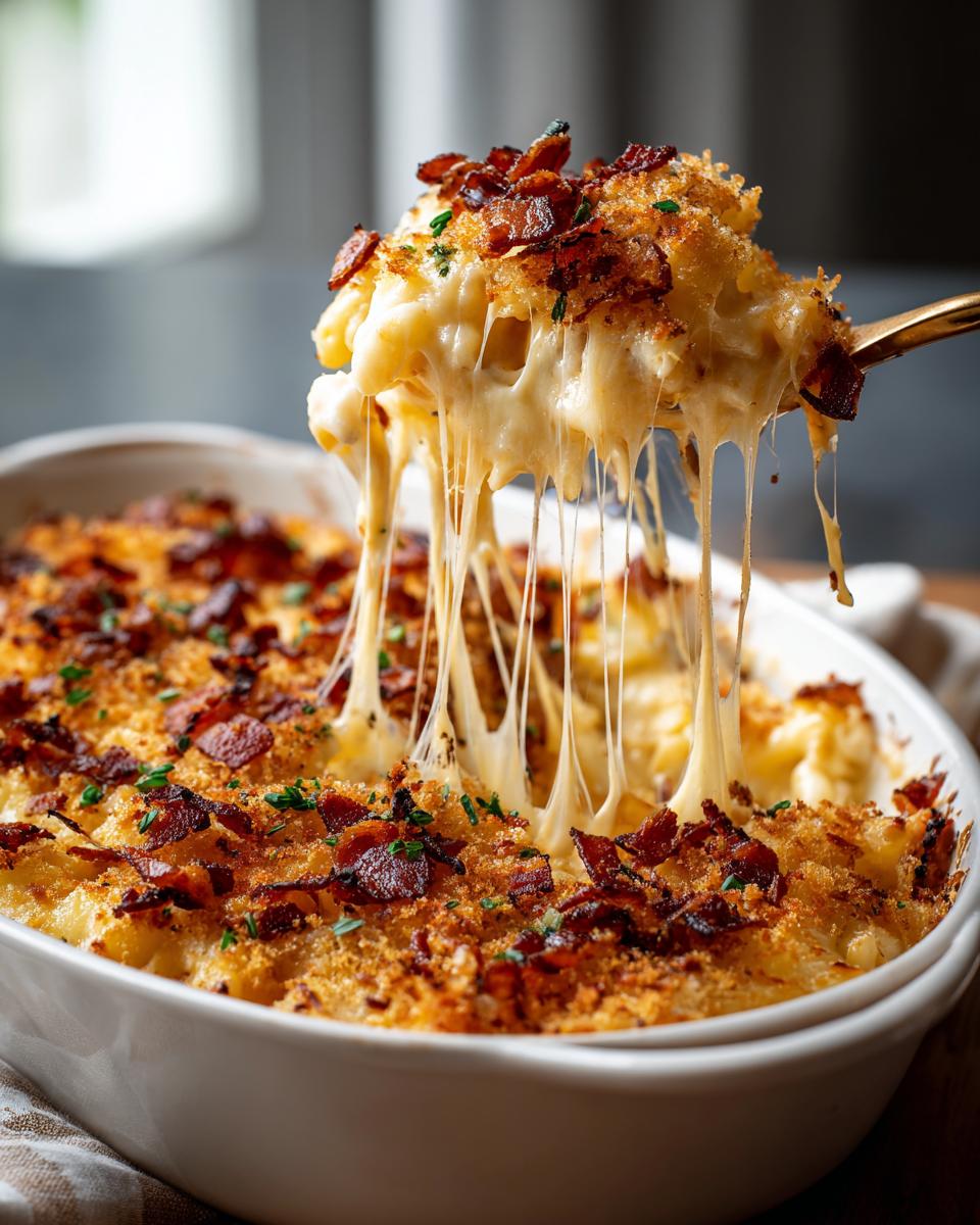 Golden spoon lifting a serving of creamy Bacon Mac and Cheese with a cheesy pull, topped with bacon bits.