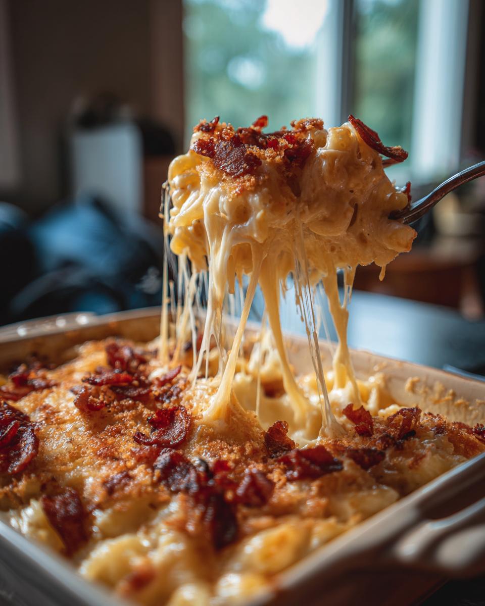 A spoonful of creamy Bacon Mac and Cheese is lifted, showing cheese pull and bacon topping.