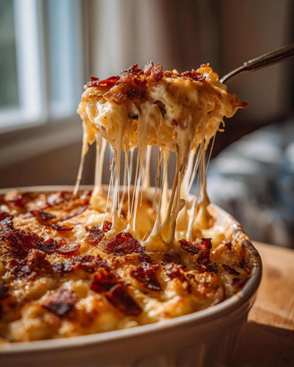 A spoonful of creamy Bacon Mac and Cheese being lifted, showing a cheesy pull and bacon topping.
