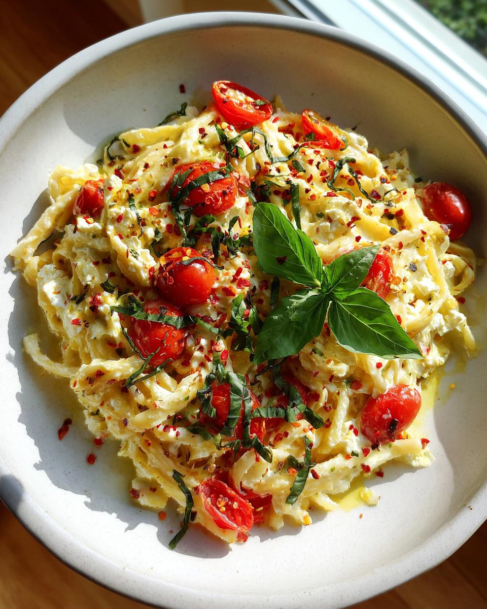 A bowl of creamy baked feta pasta with cherry tomatoes, basil, and red pepper flakes.
