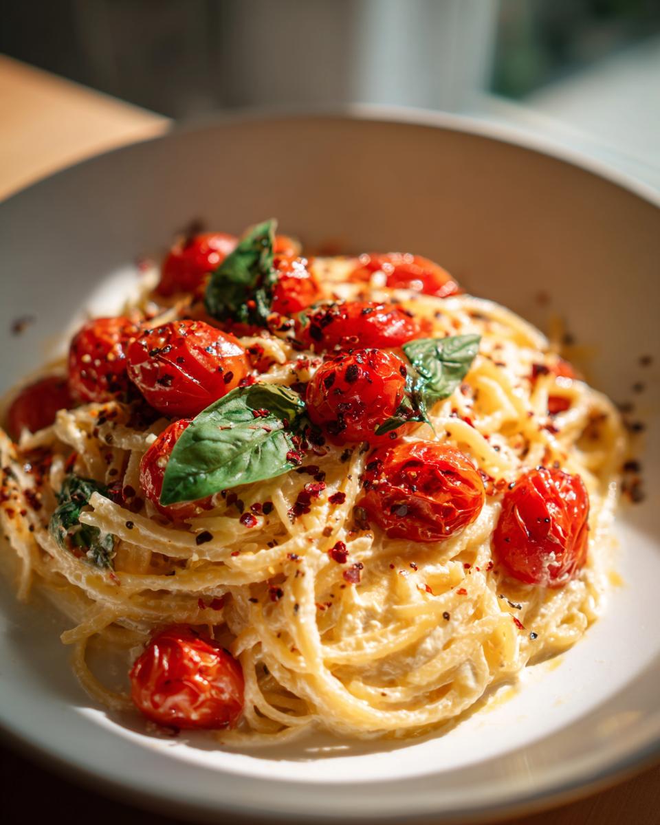 Close-up of creamy baked feta pasta with roasted tomatoes, basil, and a sprinkle of red pepper flakes.