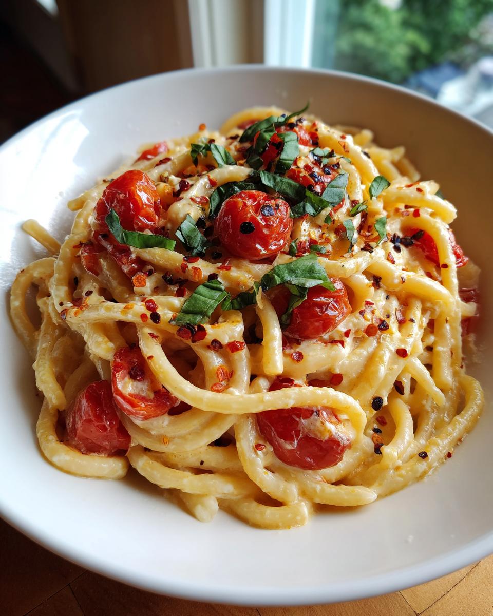 Bowl of creamy baked feta pasta with roasted tomatoes, basil, and red pepper flakes.