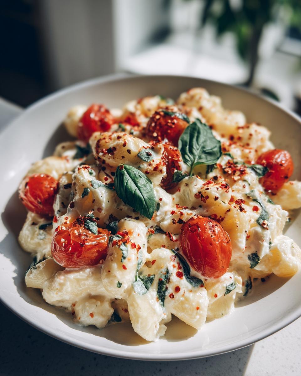 A bowl of Baked feta pasta with roasted tomatoes, basil, and red pepper flakes.