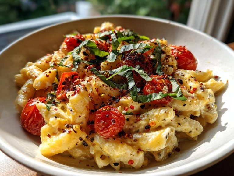 A bowl of creamy baked feta pasta with roasted tomatoes, fresh basil and chili flakes.