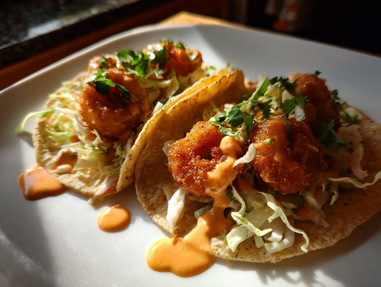 Two bang bang shrimp tacos on a white plate, topped with cabbage, sauce, and cilantro.