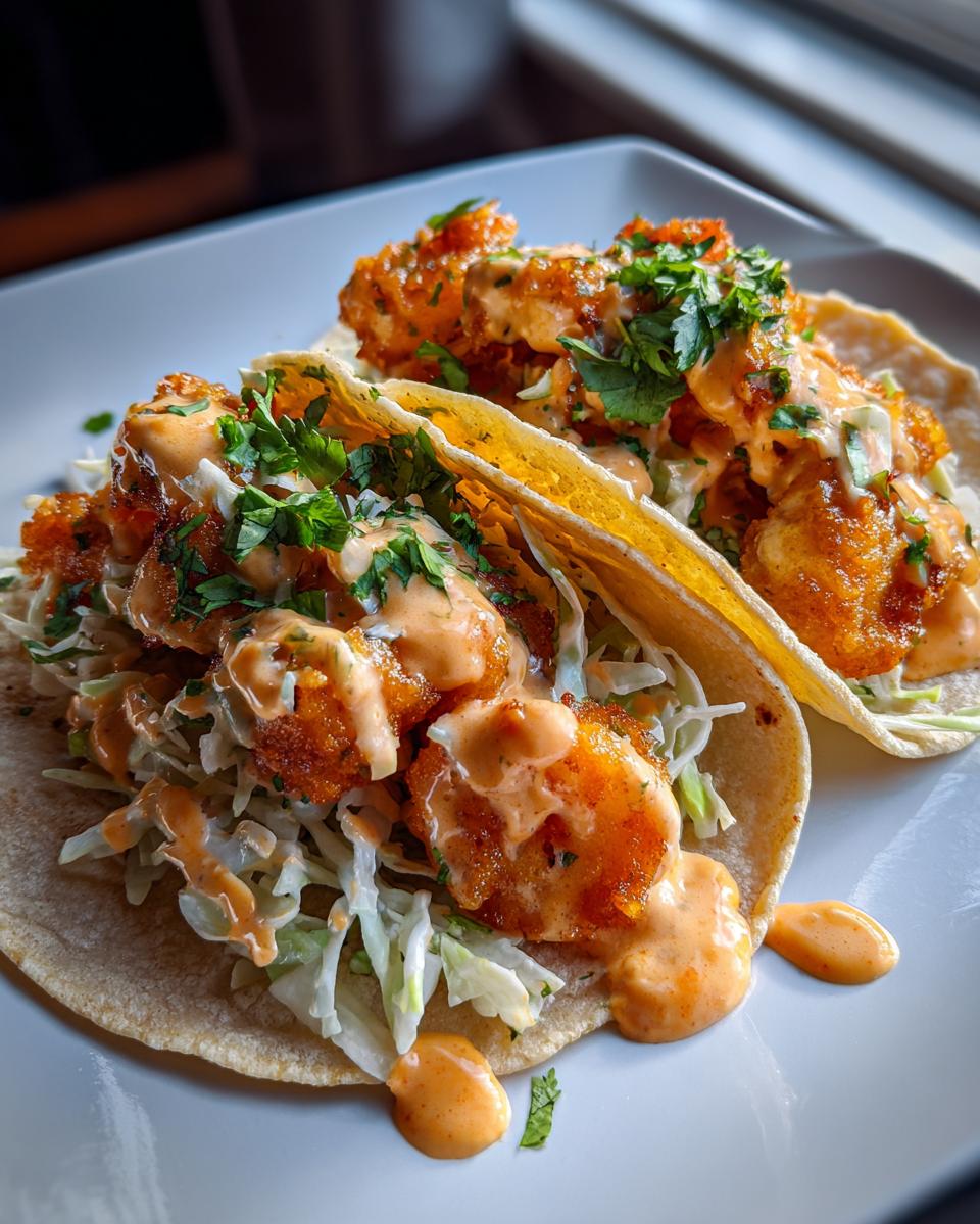 Two bang bang shrimp tacos on a white plate, topped with sauce and cilantro.