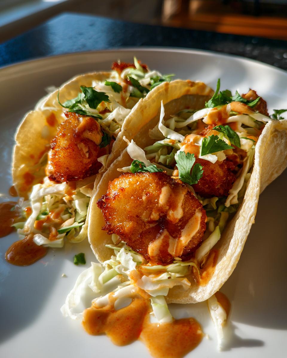 Three bang bang shrimp tacos filled with cabbage and drizzled with sauce, garnished with cilantro.