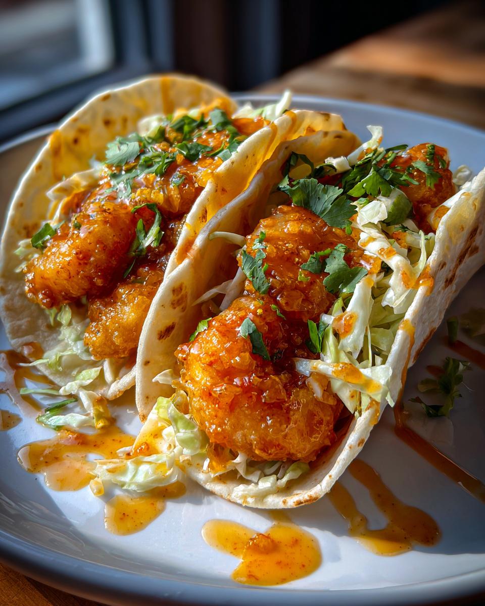 Two bang bang shrimp tacos filled with crispy shrimp, shredded lettuce, and cilantro, drizzled with sauce.
