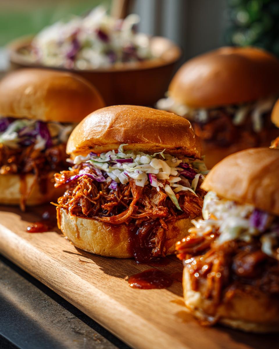 Close-up of mouthwatering BBQ pulled pork sliders piled high with coleslaw on a wooden board.