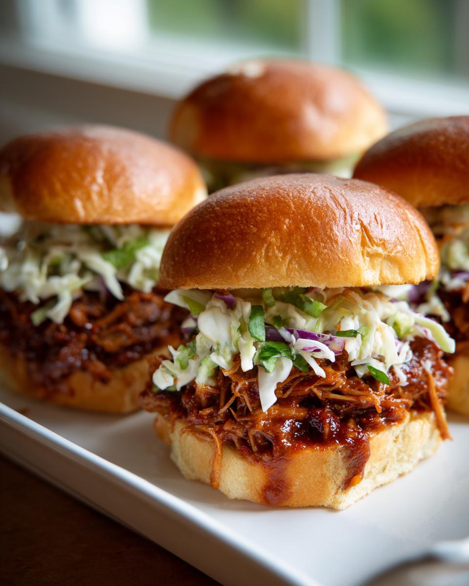 Close-up of four BBQ pulled pork sliders with coleslaw on a white platter.