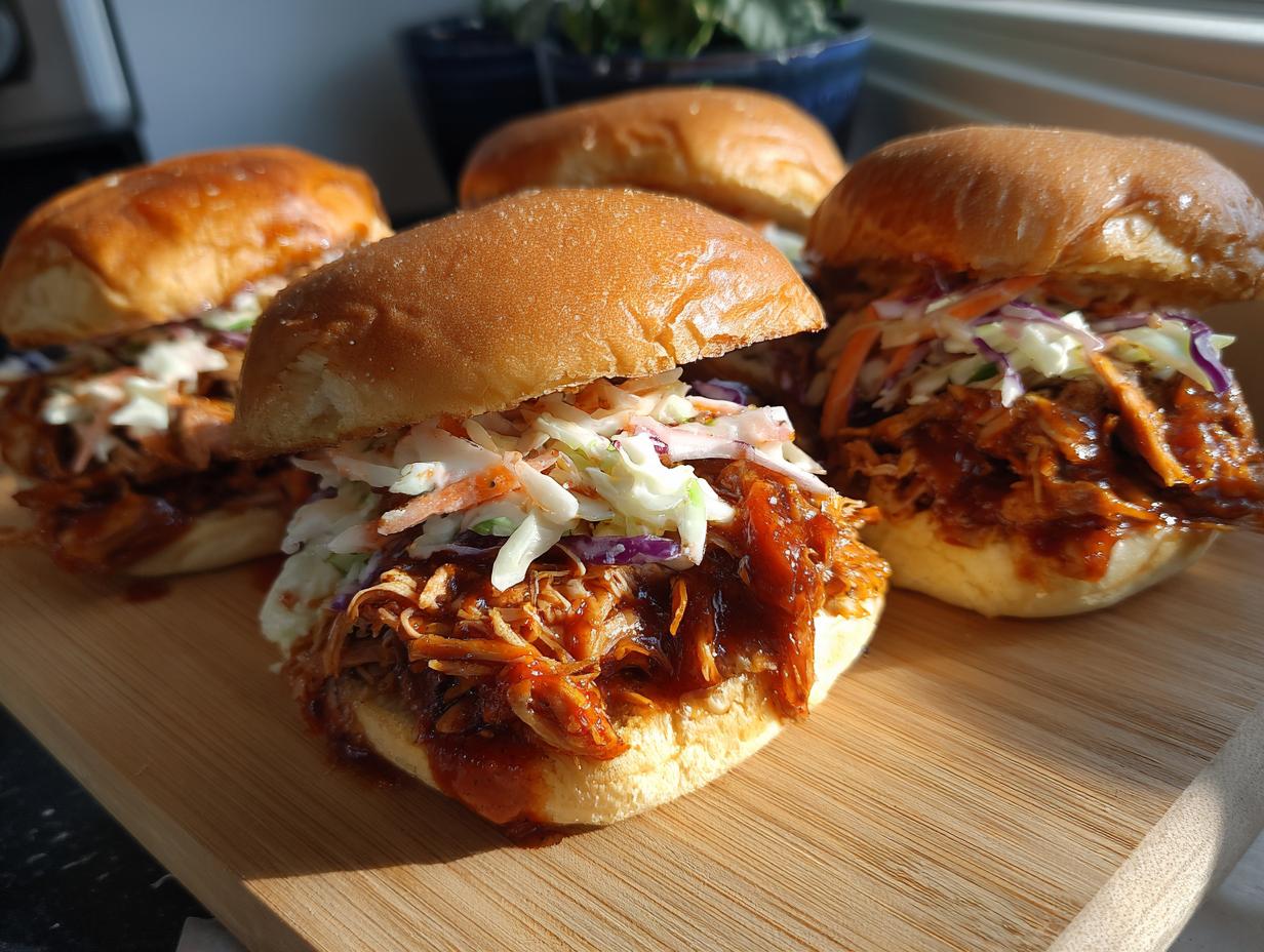Close-up of four BBQ pulled pork sliders topped with coleslaw on a wooden board.