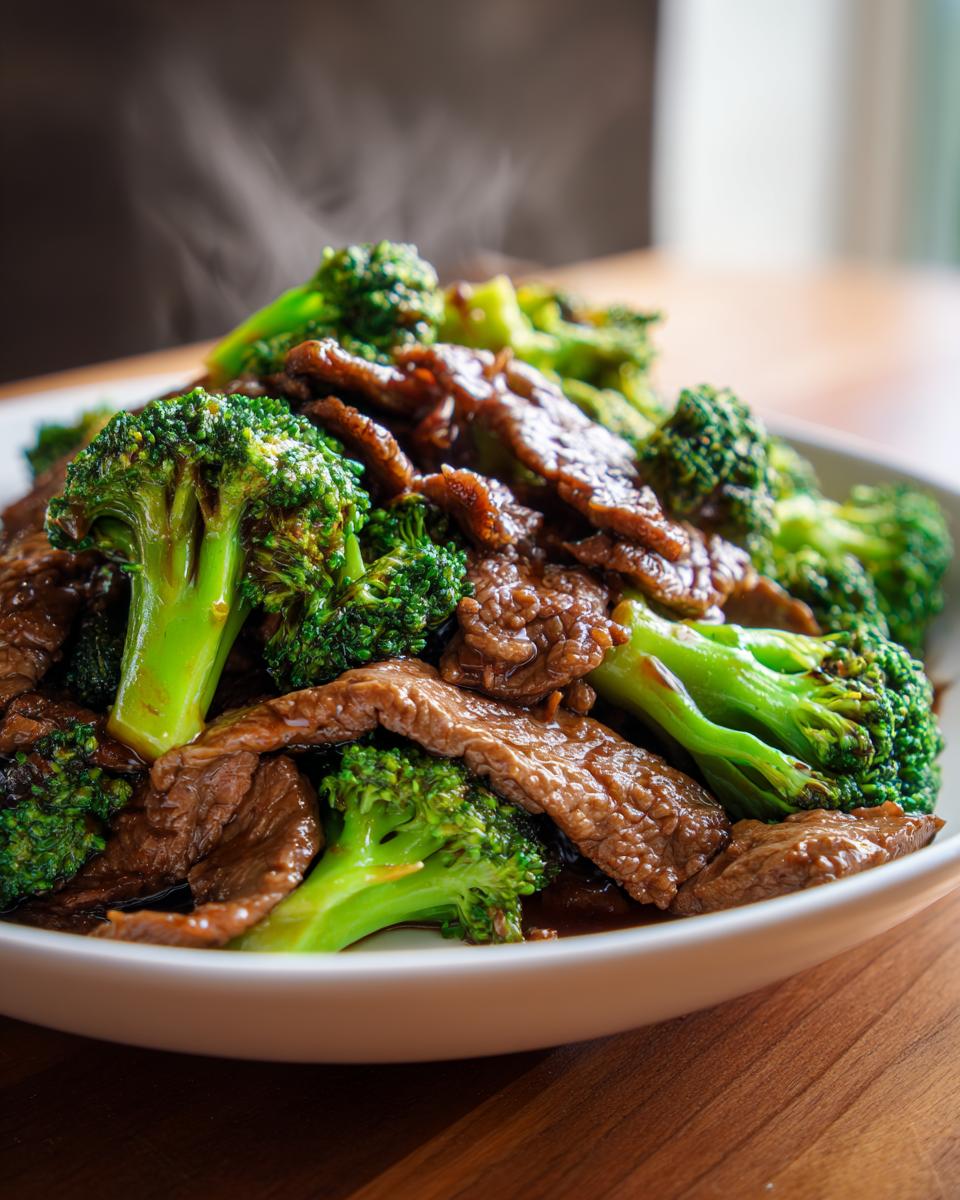 Close-up of a flavorful Beef and Broccoli Stir-Fry with tender beef and vibrant green broccoli.