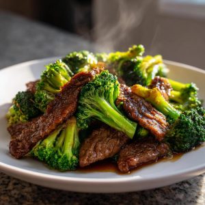 A plate of steaming Beef and Broccoli Stir-Fry, featuring tender beef and vibrant green broccoli.