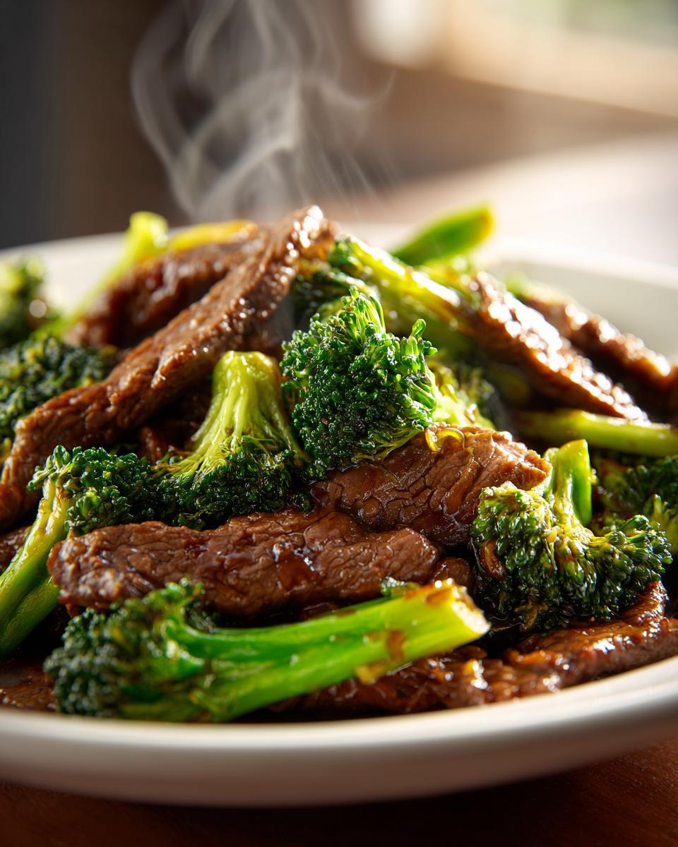 Close-up of steaming Beef and Broccoli Stir-Fry on a white plate, showcasing the tender beef and vibrant green broccoli.