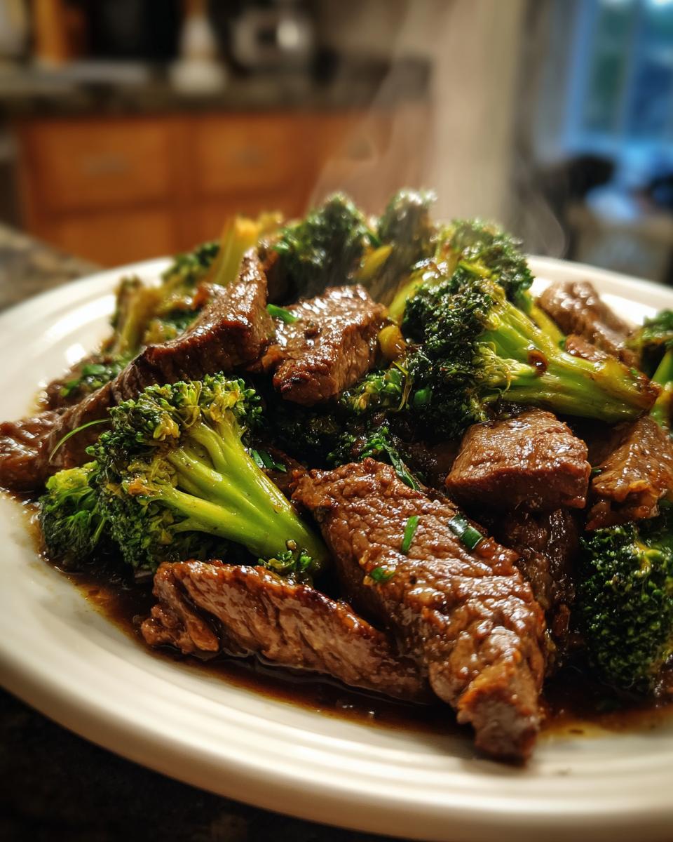 A plate of steaming Beef and Broccoli Stir-Fry with tender beef and vibrant green broccoli.