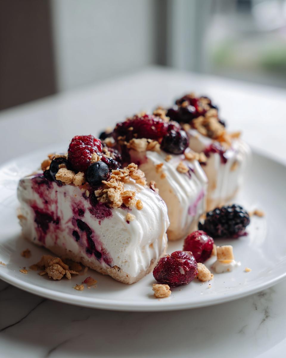 Three slices of frozen yogurt bark topped with mixed berries and granola on a white plate.