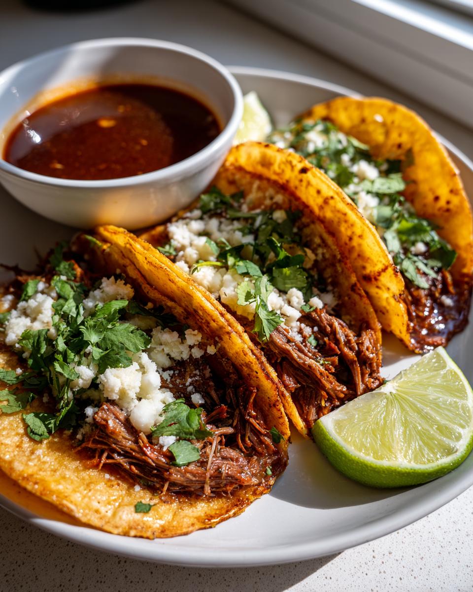 Three birria tacos on a plate with a side of consommé, garnished with cilantro, cheese, and lime.