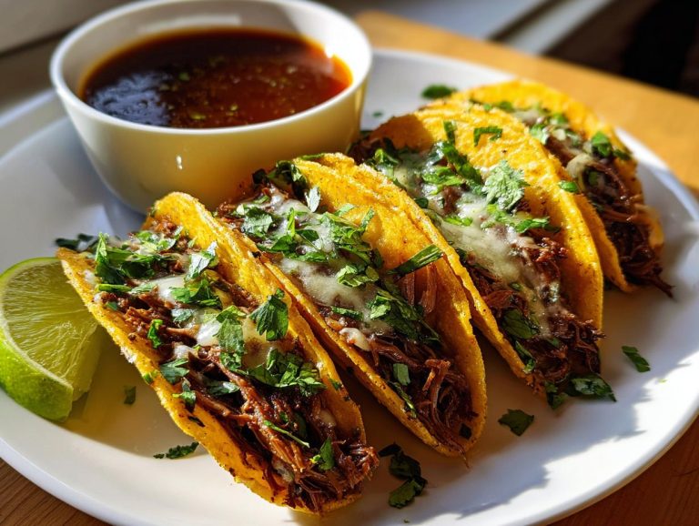 A plate of cheesy Birria tacos, garnished with cilantro, served with a side of dipping broth and lime.