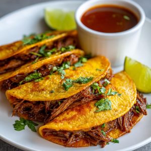Three golden-brown Birria tacos filled with shredded meat, cilantro, and served with dipping sauce and lime wedges.