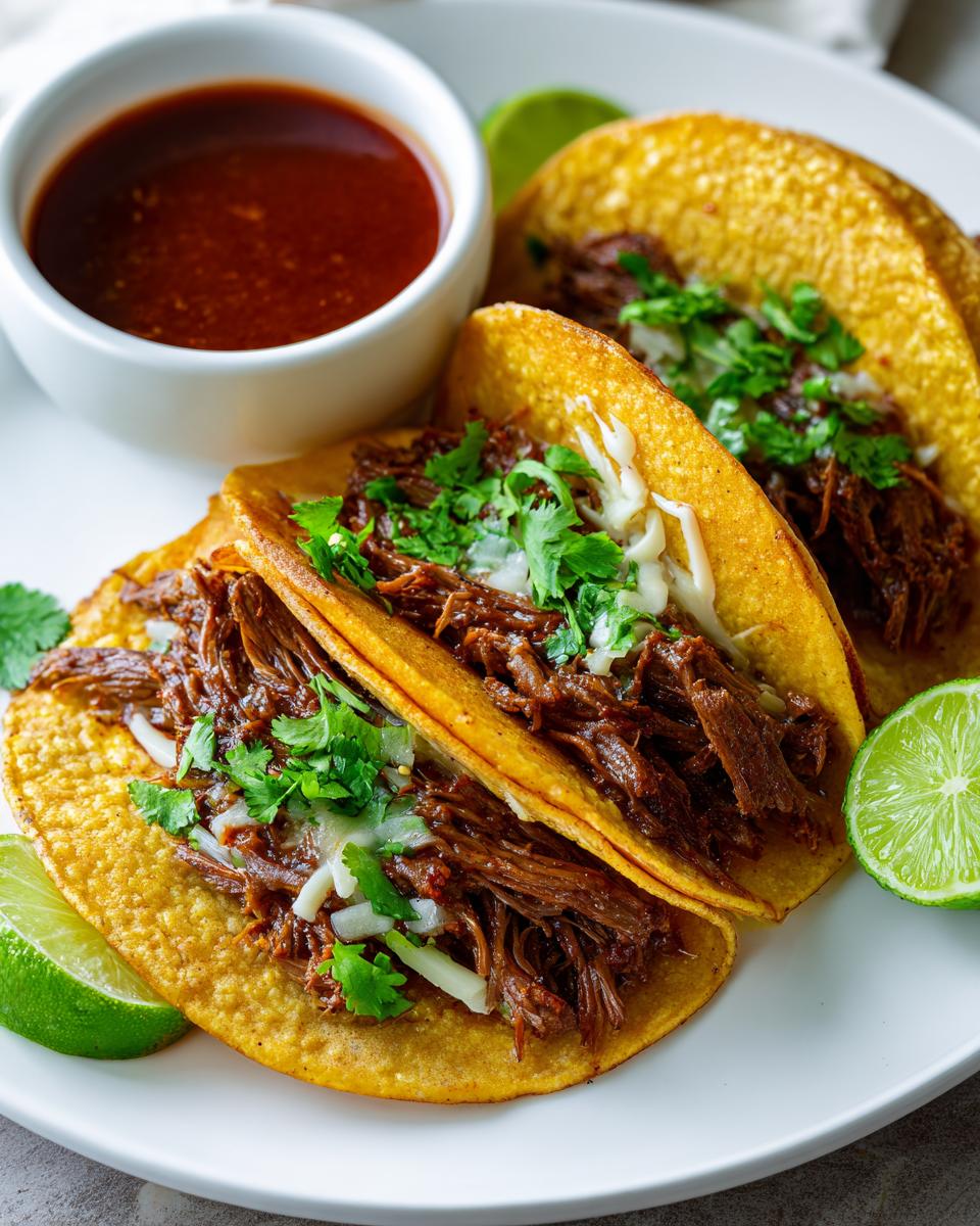 Two birria tacos filled with shredded beef, cilantro, and cheese, served with lime and consommé.