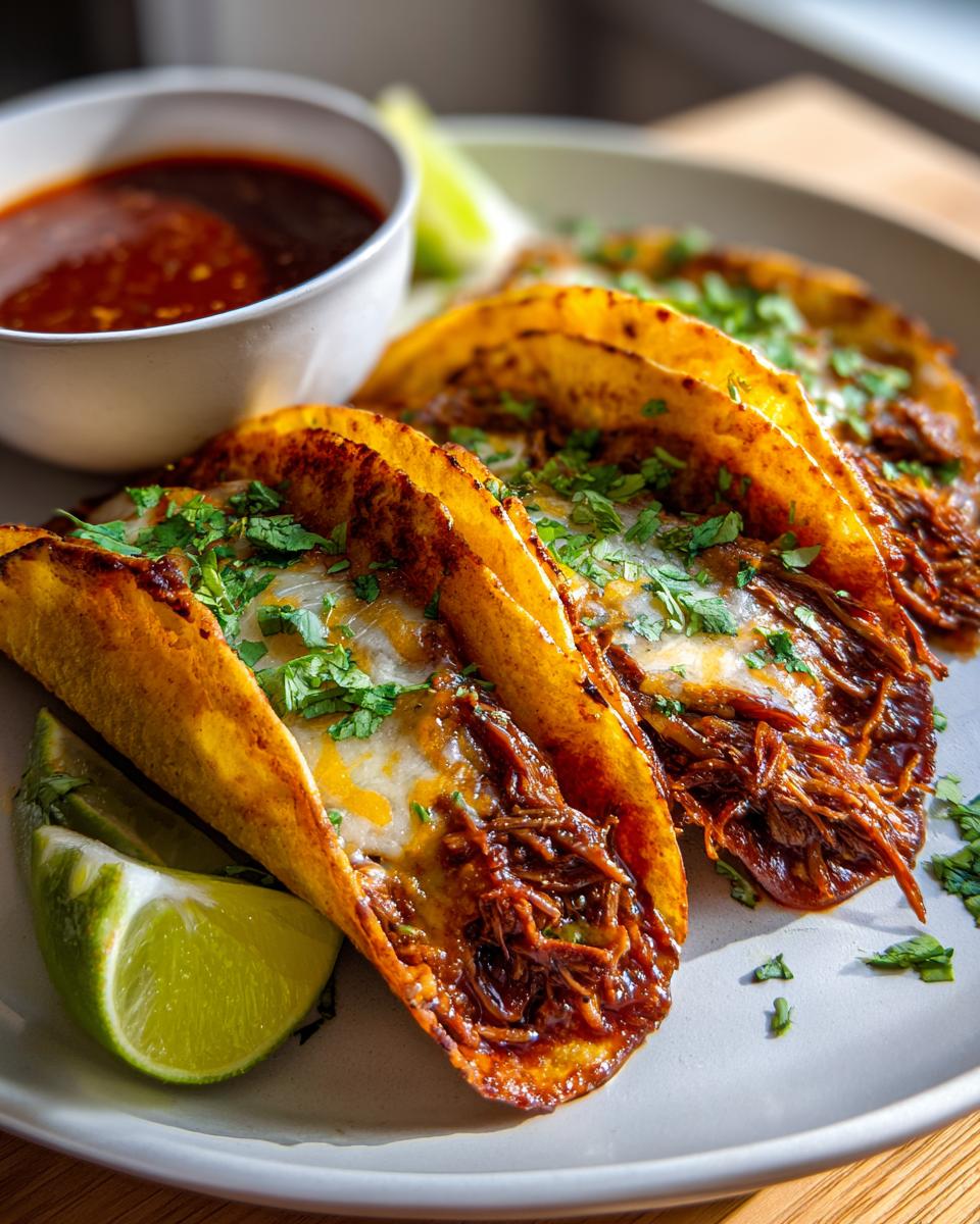 Three cheesy Birria tacos on a plate with lime wedges and a side of dipping sauce.