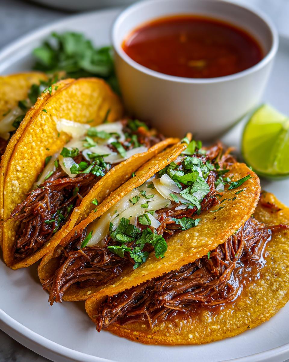 Three juicy Birria tacos on a plate with dipping sauce, lime, and cilantro garnish.
