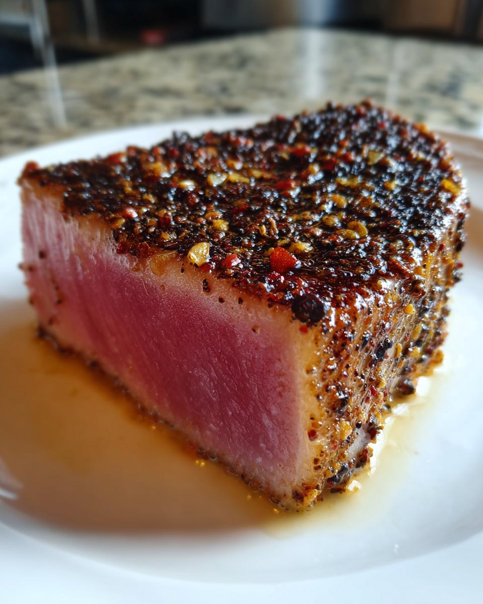 Close-up of a perfectly seared Blackened Tuna Steak with a vibrant pink center on a white plate.