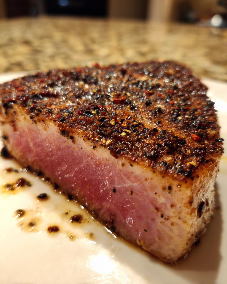 Close-up of a perfectly seared Blackened Tuna Steak, showing the blackened crust and rare center.