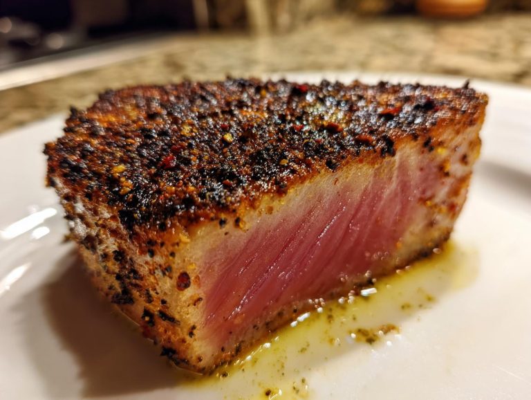 Close-up of a perfectly seared Blackened Tuna Steak, showcasing its blackened crust and rare center.
