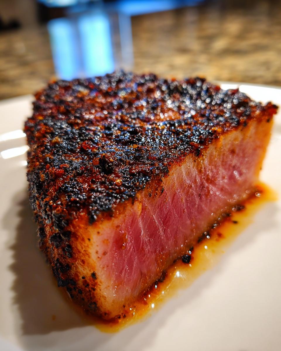 Close-up of a perfectly seared Blackened Tuna Steak, showing the blackened crust and rare center.