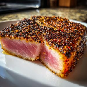 Close-up of a perfectly seared Blackened Tuna Steak, showing the blackened crust and rare center.