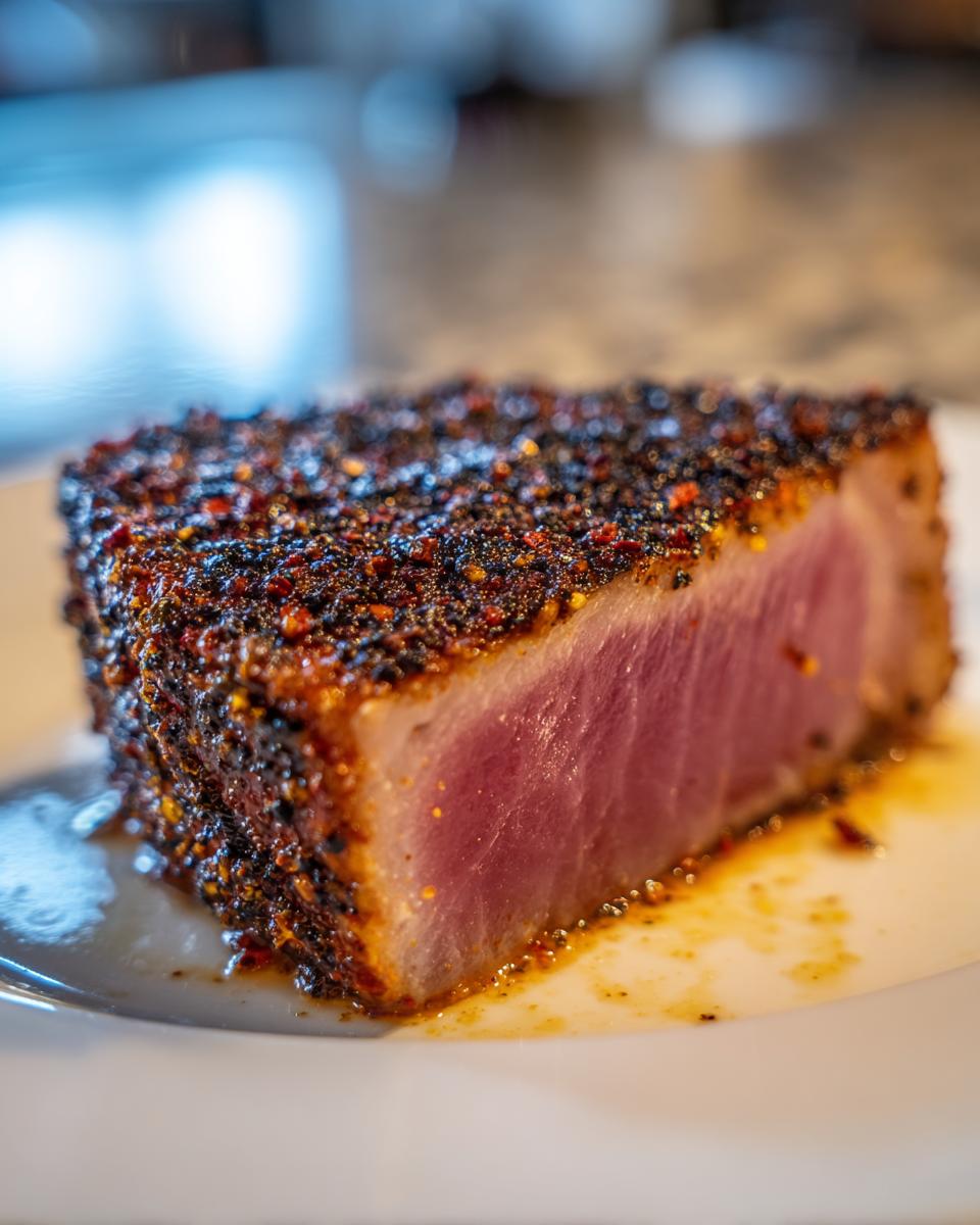 Close-up of a perfectly seared Blackened Tuna Steak, showing the blackened crust and rare center.