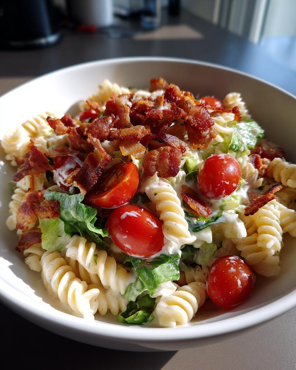 A bowl of creamy BLT pasta salad with rotini pasta, bacon, lettuce, tomatoes, and creamy dressing.