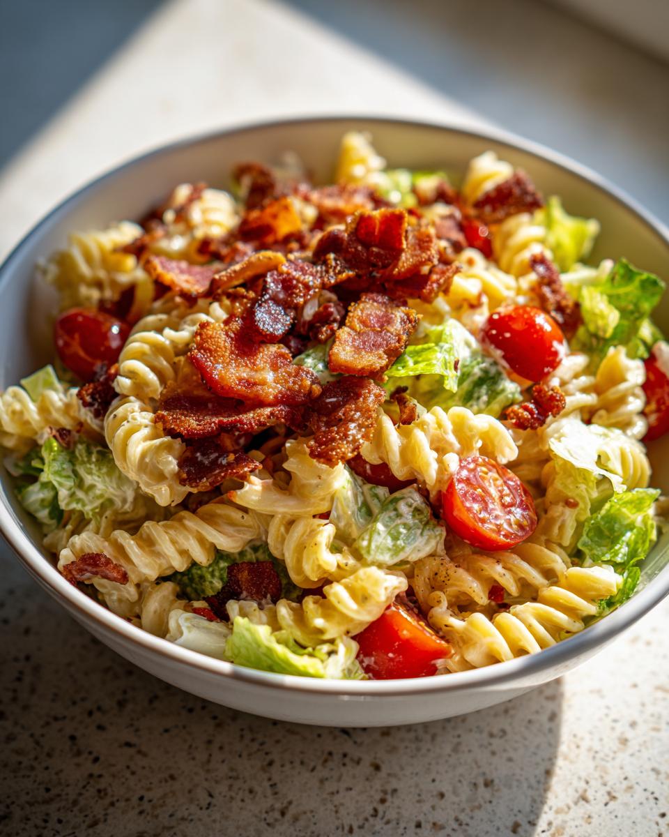 A delicious bowl of BLT pasta salad with crispy bacon, lettuce, tomatoes, and creamy dressing.