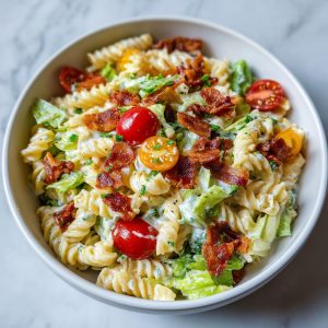 Overhead shot of creamy BLT pasta salad in a white bowl, topped with bacon, lettuce, and tomatoes.