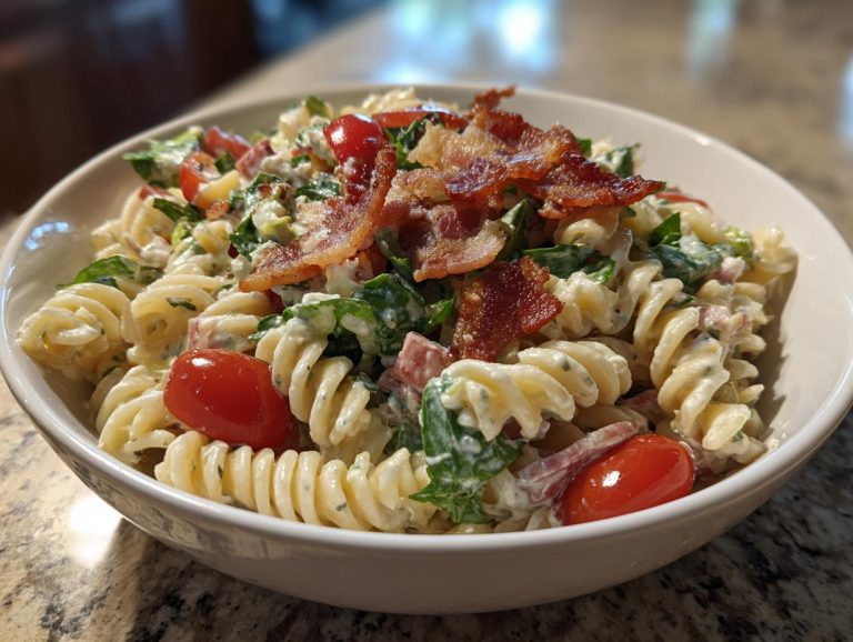 Close-up of creamy BLT pasta salad in a white bowl, featuring bacon, lettuce, and tomatoes.
