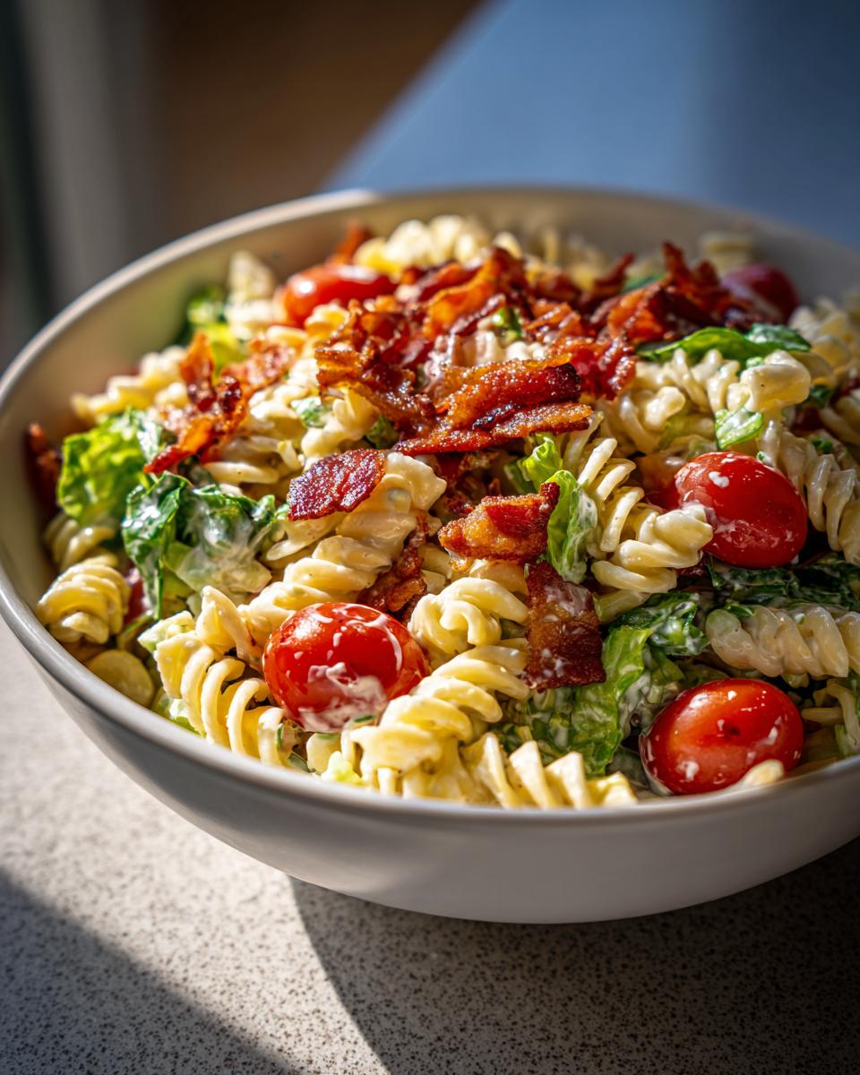 Bowl of creamy BLT pasta salad with spiral pasta, tomatoes, lettuce, and crispy bacon.