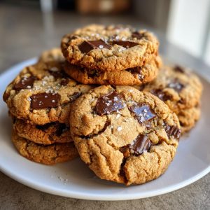 A stack of freshly baked brown butter chocolate chip cookies on a white plate, sprinkled with sea salt.