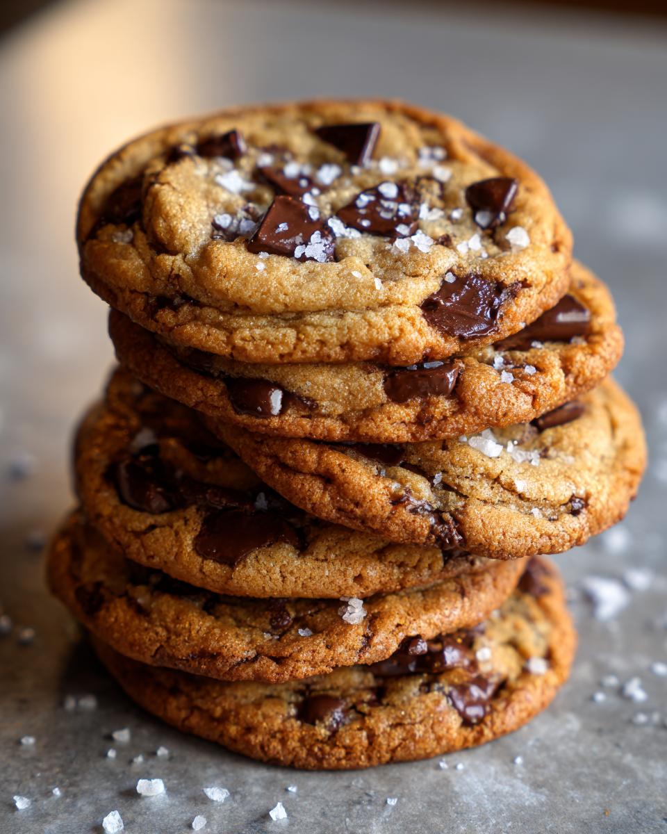 A stack of four brown butter chocolate chip cookies, topped with sea salt flakes.