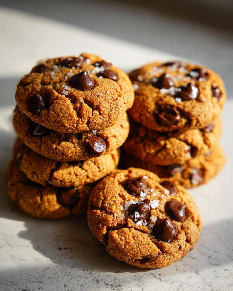 A stack of delicious brown butter chocolate chip cookies, topped with sea salt flakes.