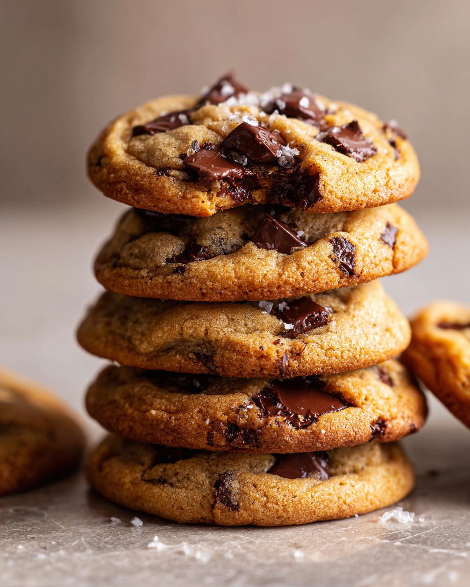 A stack of four brown butter chocolate chip cookies, topped with sea salt flakes and visible chocolate chunks.