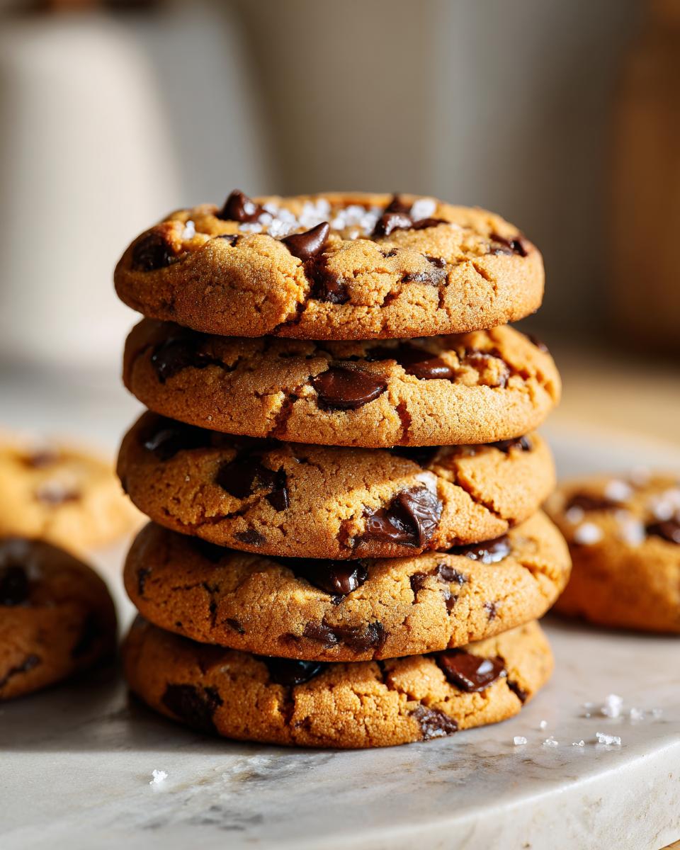 A stack of five brown butter chocolate chip cookies, topped with sea salt, on a marble surface.