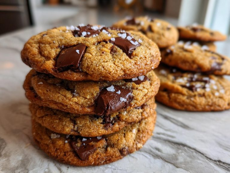 A stack of freshly baked brown butter chocolate chip cookies, topped with sea salt flakes.