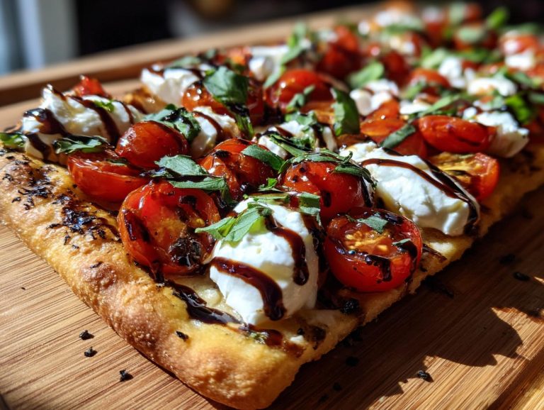 A delicious Bruschetta Burrata Pizza topped with fresh tomatoes, creamy burrata cheese, basil, and a balsamic glaze.