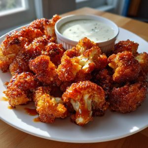 A plate of crispy buffalo cauliflower bites coated in a glossy sauce, served with a side of creamy dip.
